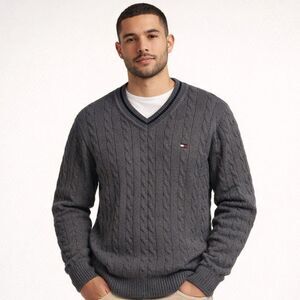 Tommy Hilfiger Cable Knit Varsity Sweater Mens Sz M VTG Cotton V-Neck Ivy League